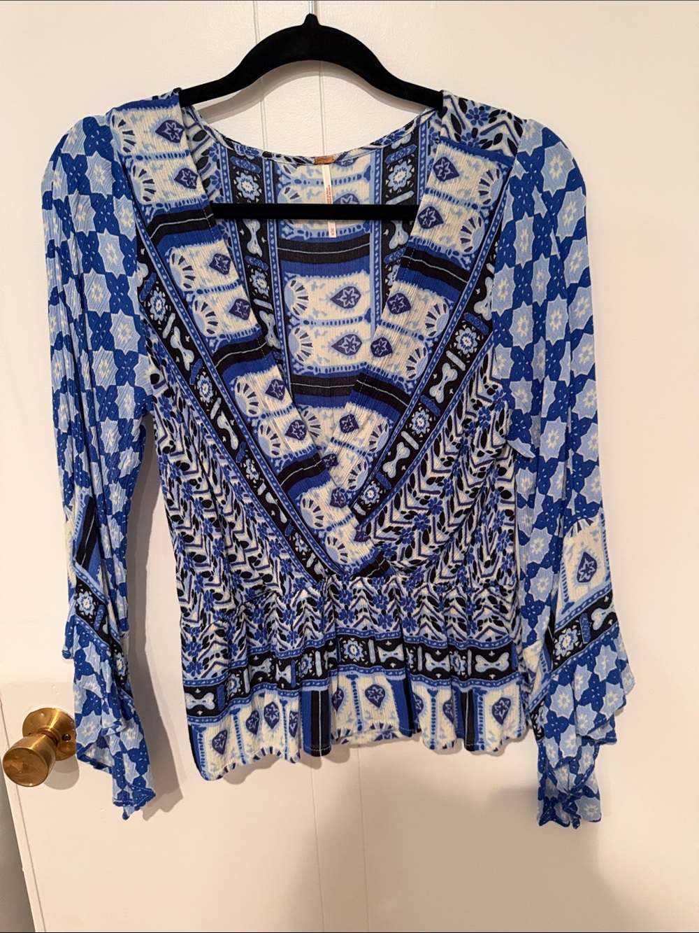 Free People Blue and White Patterned V-Neck Peasant Blouse